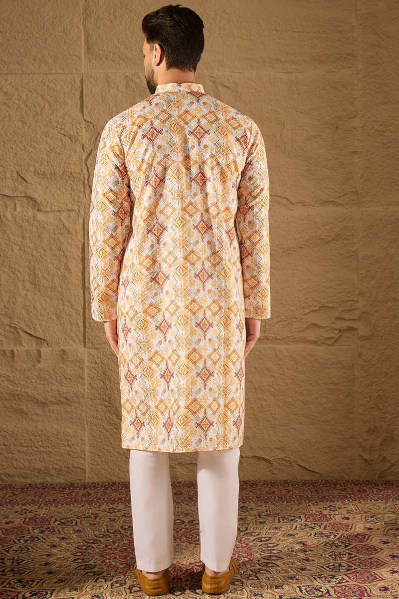 White Silk Blend Geometric Embroidered Straight Kurta with Trouser  | SHOBITAM