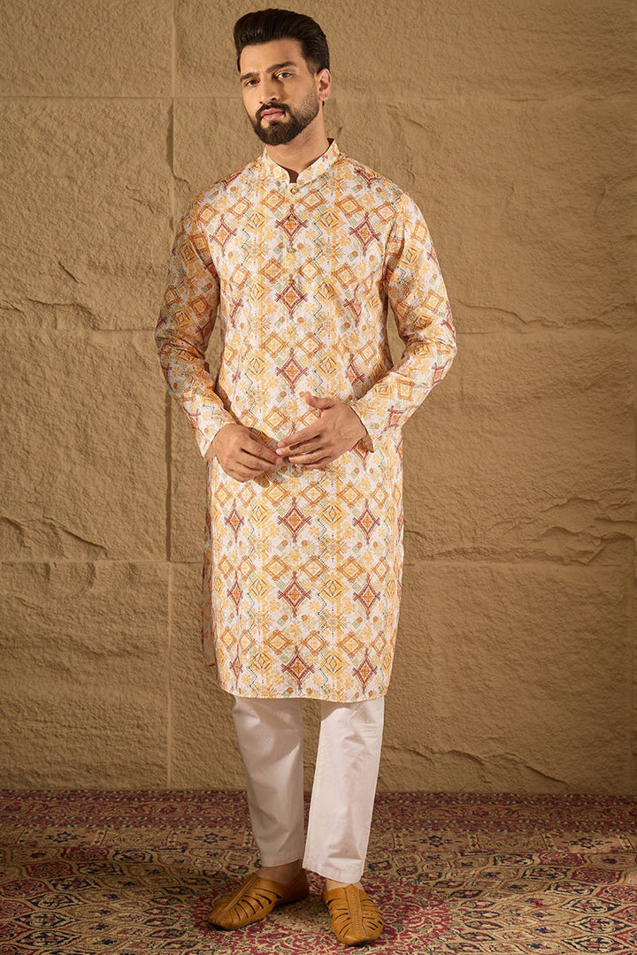 White Silk Blend Geometric Embroidered Straight Kurta with Trouser  | SHOBITAM