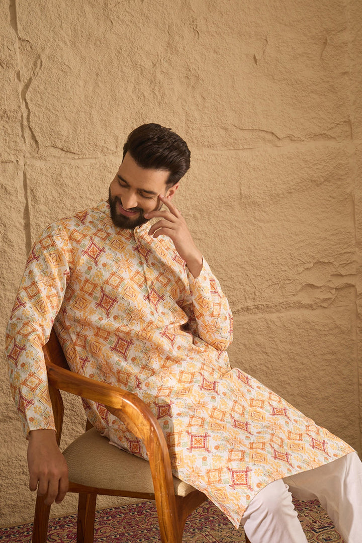 White Silk Blend Geometric Embroidered Straight Kurta with Trouser  | SHOBITAM