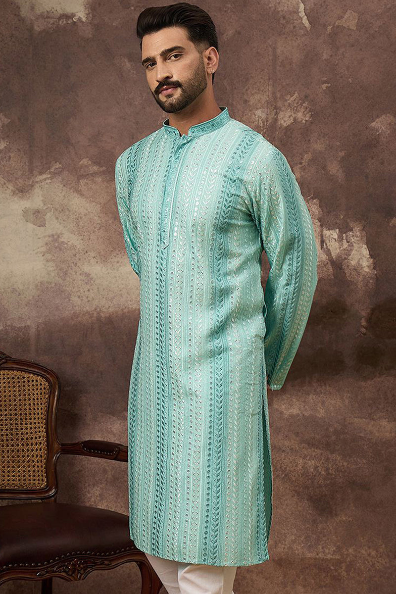 Blue Viscose Rayon Solid Embroidered Straight Kurta with Trouser  | SHOBITAM