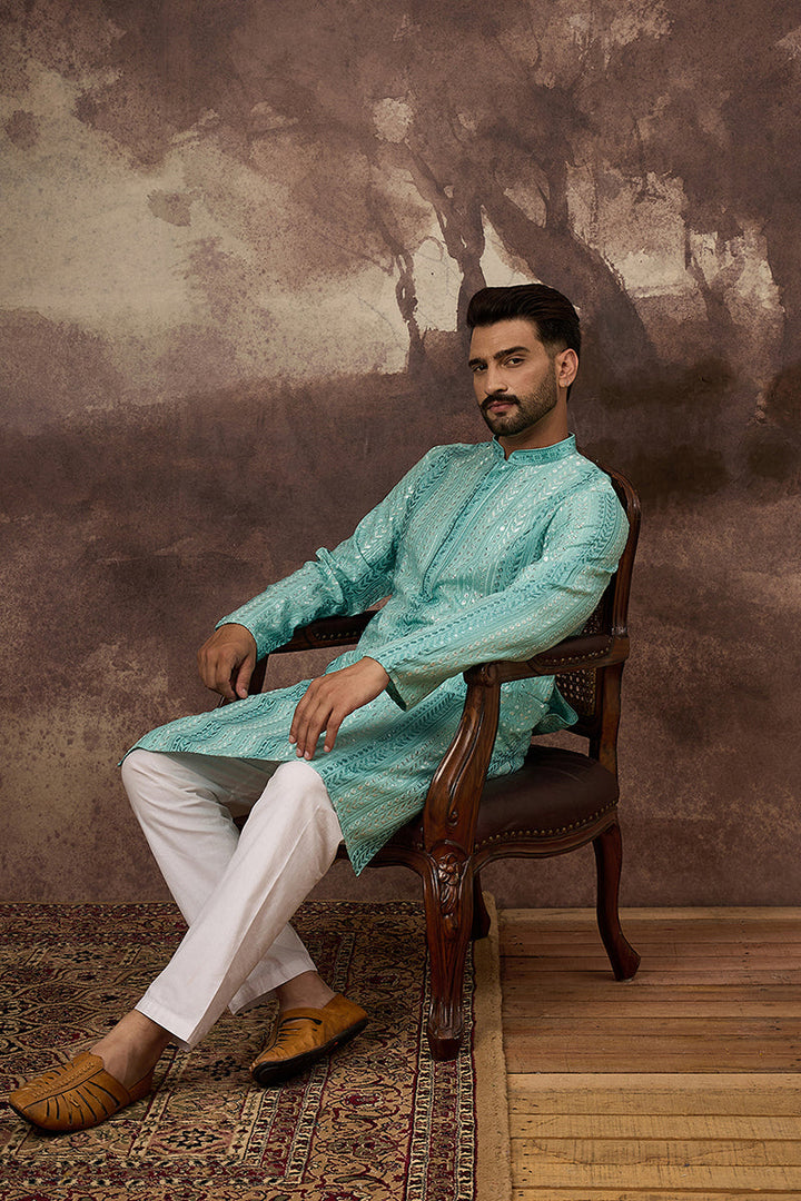 Blue Viscose Rayon Solid Embroidered Straight Kurta with Trouser  | SHOBITAM