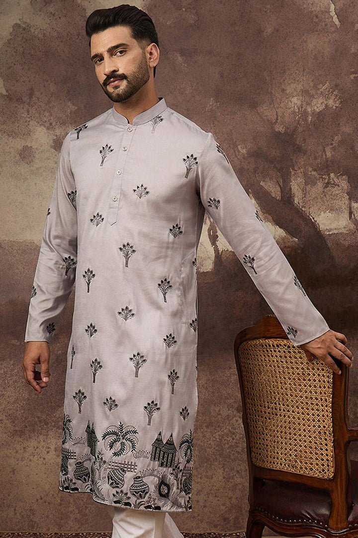 Grey Silk Blend Solid Embroidered Straight Kurta and Trouser | Shobitam