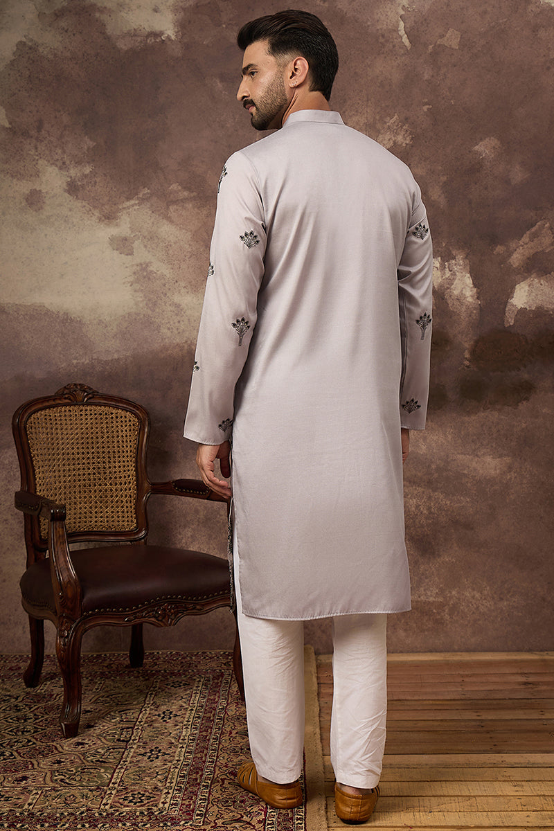 Grey Silk Blend Solid Embroidered Straight Kurta and Trouser | Shobitam