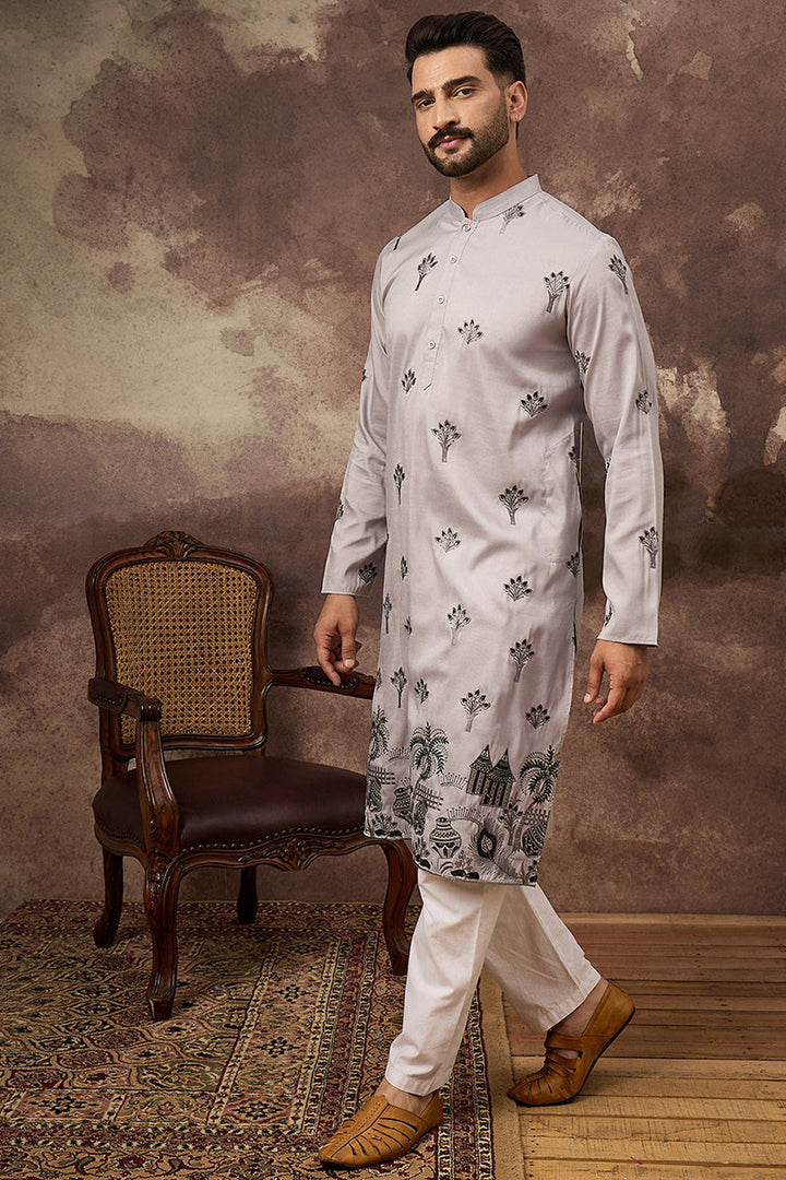 Grey Silk Blend Solid Embroidered Straight Kurta and Trouser | Shobitam