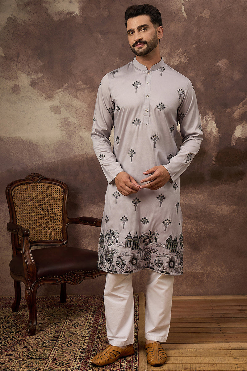 Grey Silk Blend Solid Embroidered Straight Kurta and Trouser | Shobitam