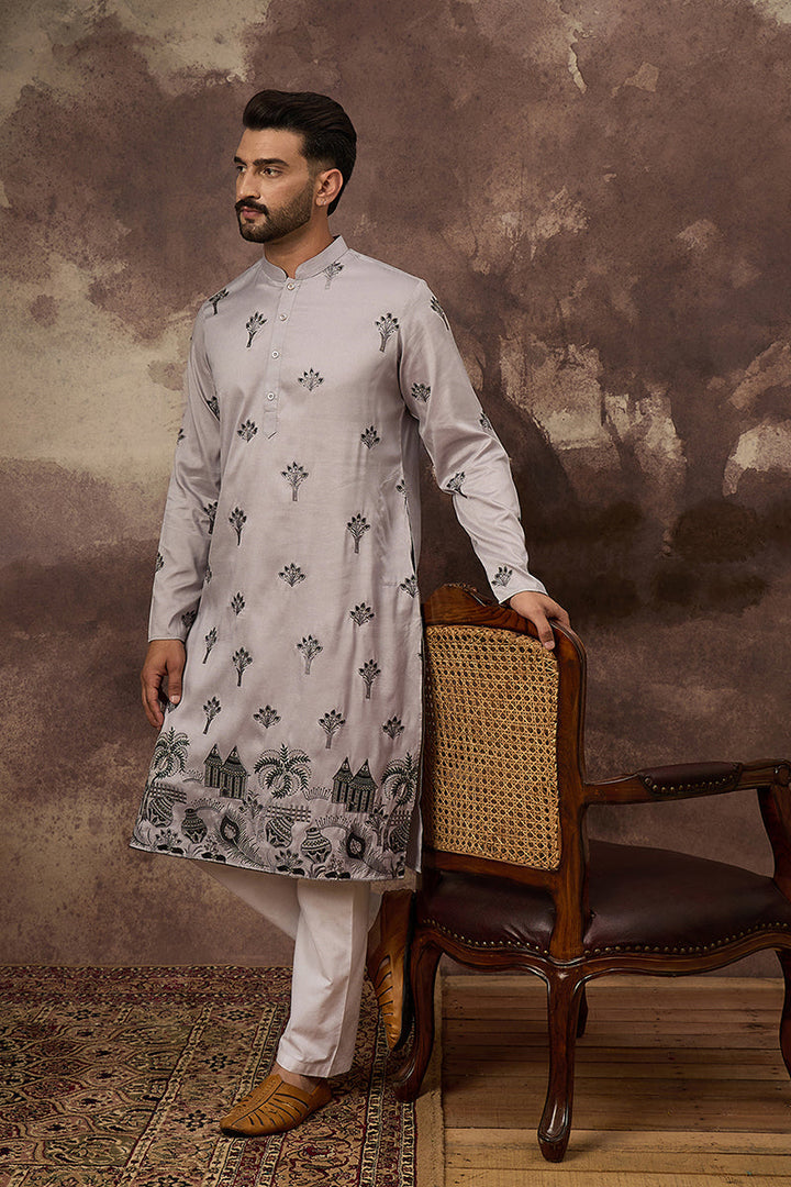 Grey Silk Blend Solid Embroidered Straight Kurta and Trouser | Shobitam