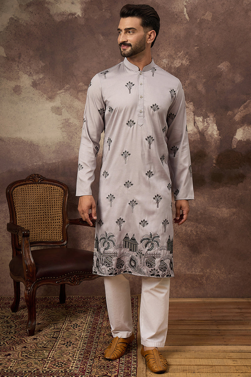 Grey Silk Blend Solid Embroidered Straight Kurta and Trouser | Shobitam