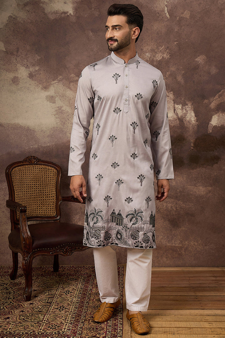 Grey Silk Blend Solid Embroidered Straight Kurta and Trouser | Shobitam