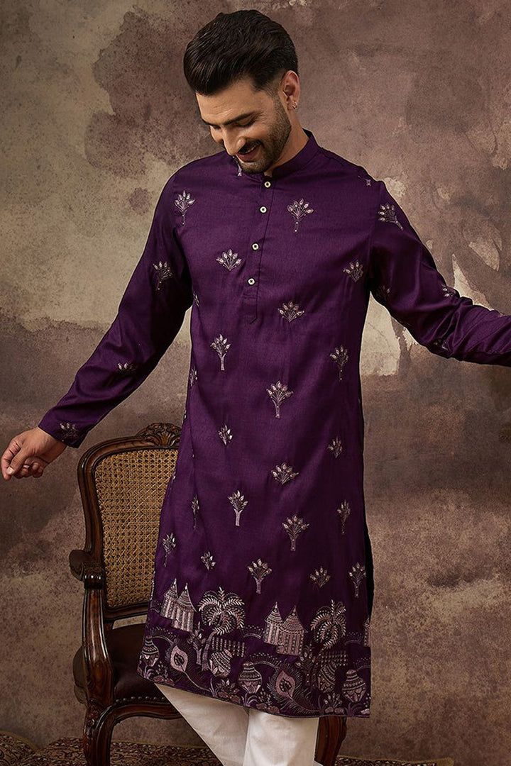 Purple Silk Blend Solid Embroidered Straight Kurta and Trouser  | SHOBITAM