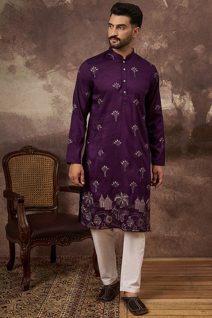 Purple Silk Blend Solid Embroidered Straight Kurta and Trouser  | SHOBITAM
