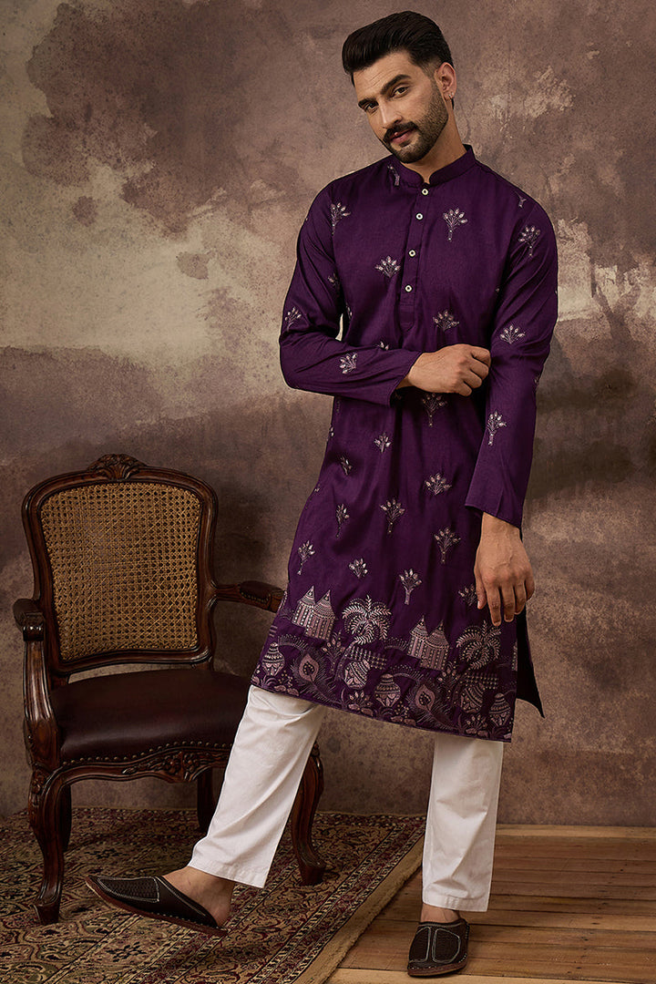 Purple Silk Blend Solid Embroidered Straight Kurta and Trouser  | SHOBITAM