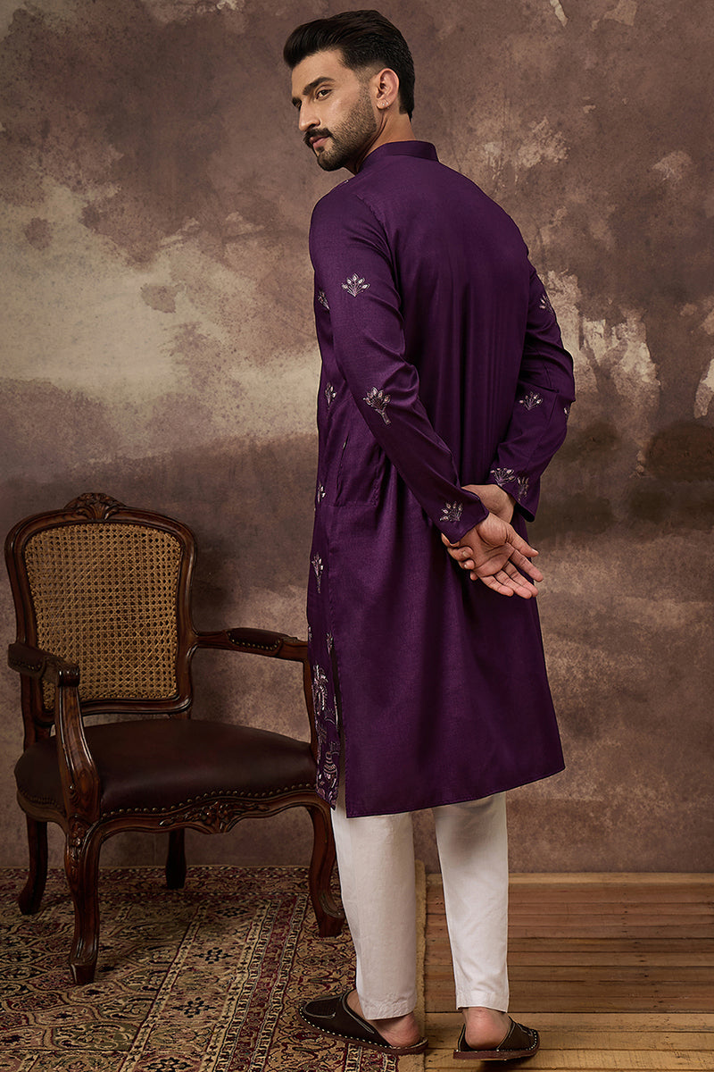 Purple Silk Blend Solid Embroidered Straight Kurta and Trouser  | SHOBITAM