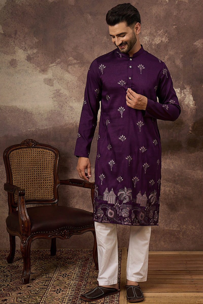 Purple Silk Blend Solid Embroidered Straight Kurta and Trouser  | SHOBITAM