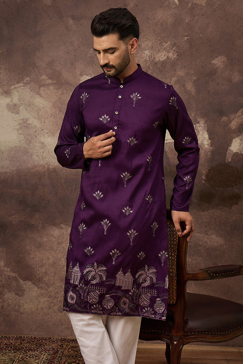 Purple Silk Blend Solid Embroidered Straight Kurta and Trouser  | SHOBITAM