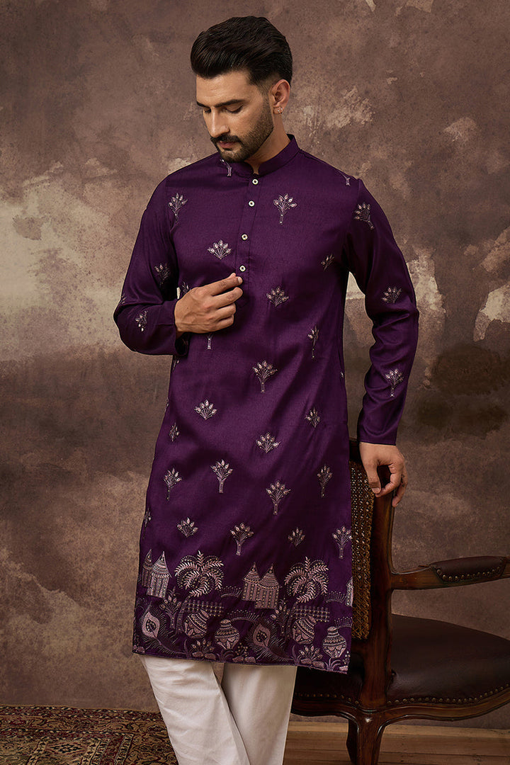 Purple Silk Blend Solid Embroidered Straight Kurta and Trouser  | SHOBITAM