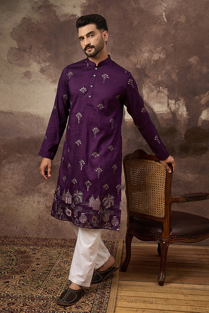 Purple Silk Blend Solid Embroidered Straight Kurta and Trouser  | SHOBITAM