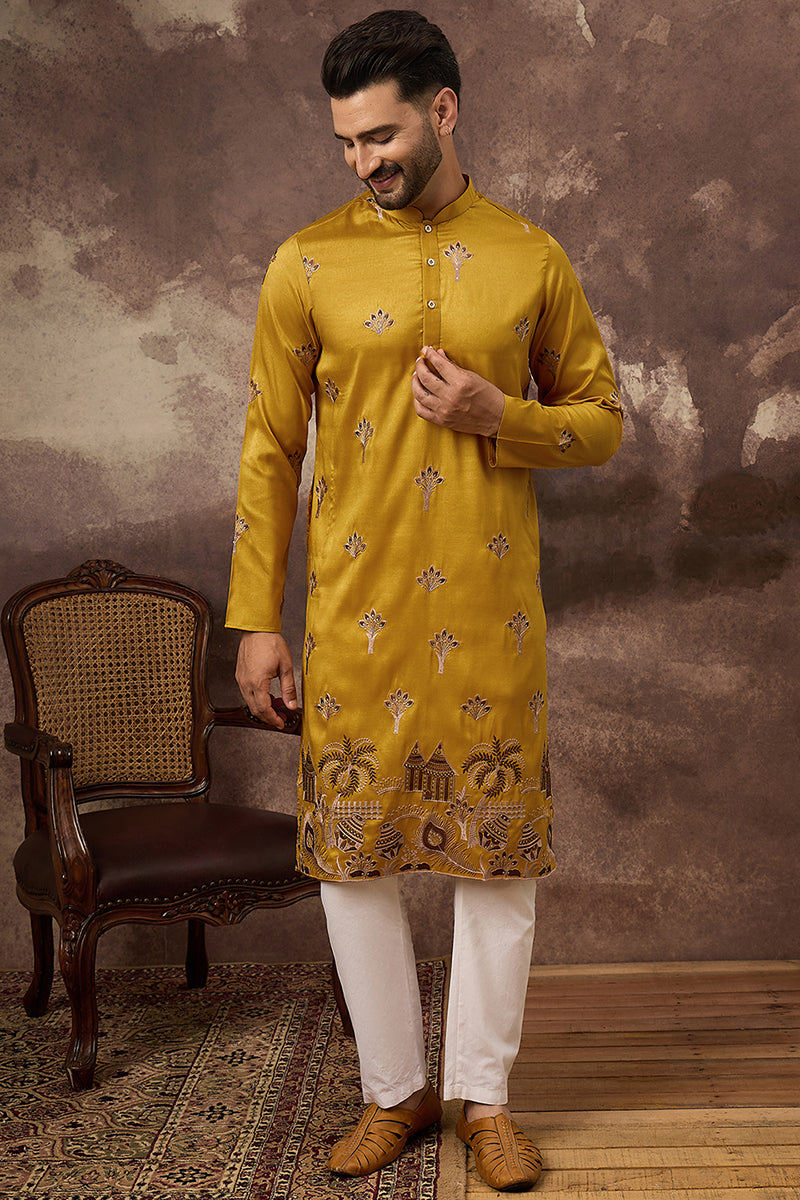Yellow Silk Blend Solid Embroidered Straight Kurta and Trouser