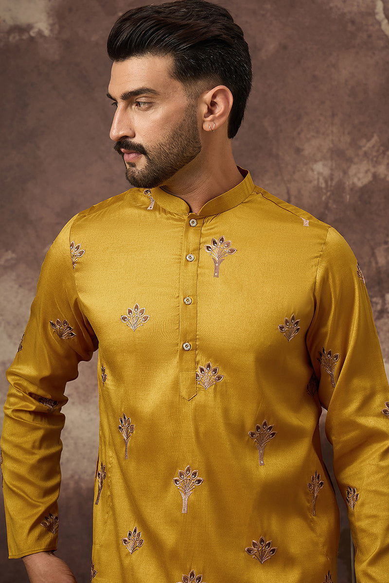 Yellow Silk Blend Solid Embroidered Straight Kurta and Trouser
