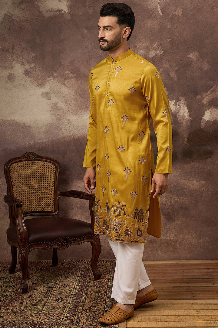 Yellow Silk Blend Solid Embroidered Straight Kurta and Trouser
