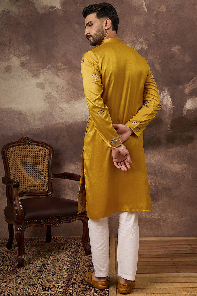 Yellow Silk Blend Solid Embroidered Straight Kurta and Trouser