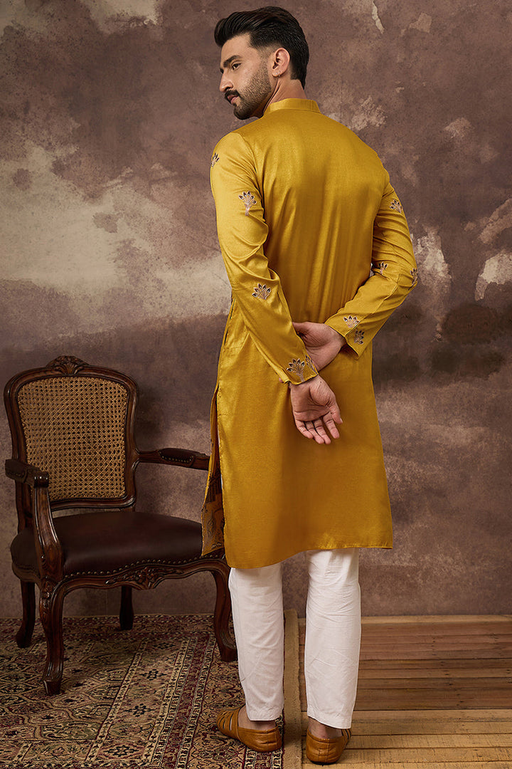 Yellow Silk Blend Solid Embroidered Straight Kurta and Trouser