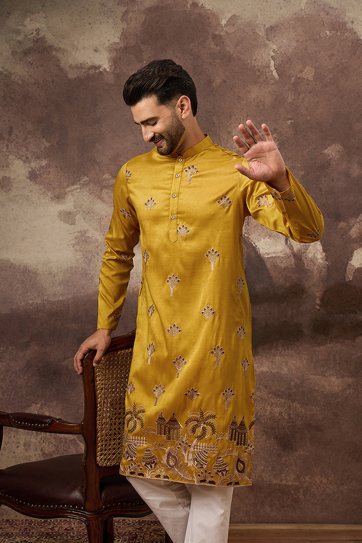 Yellow Silk Blend Solid Embroidered Straight Kurta and Trouser