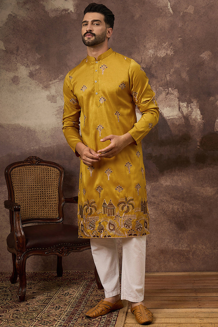Yellow Silk Blend Solid Embroidered Straight Kurta and Trouser
