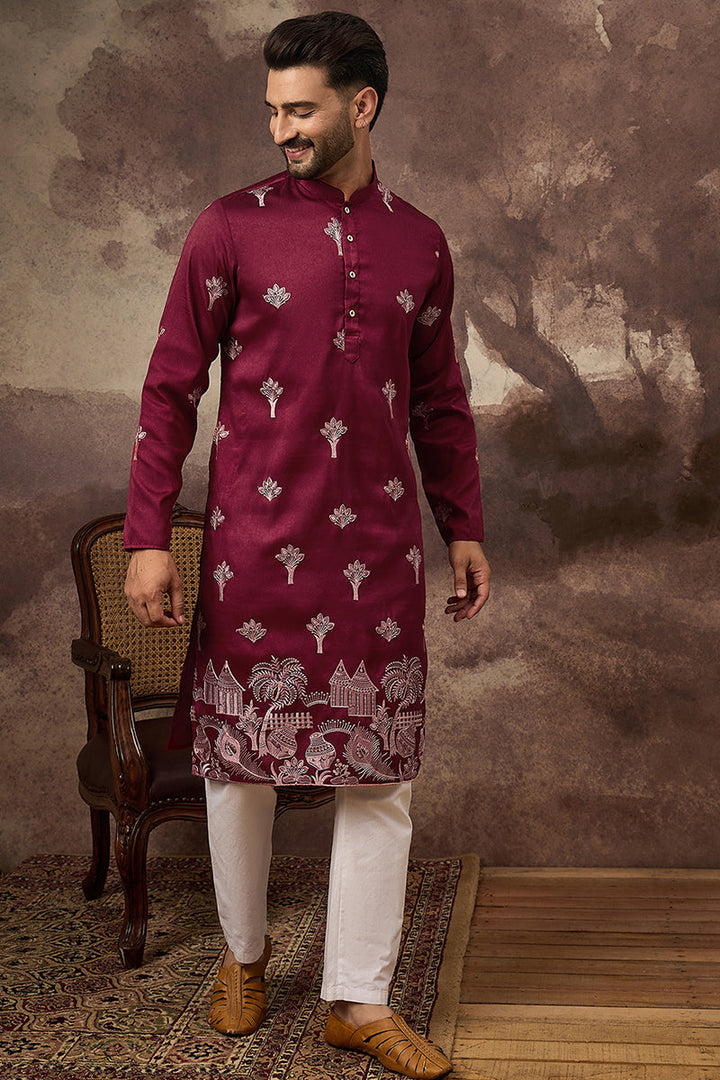 Maroon Silk Blend Solid Embroidered Straight Kurta and Trouser | SHOBITAM