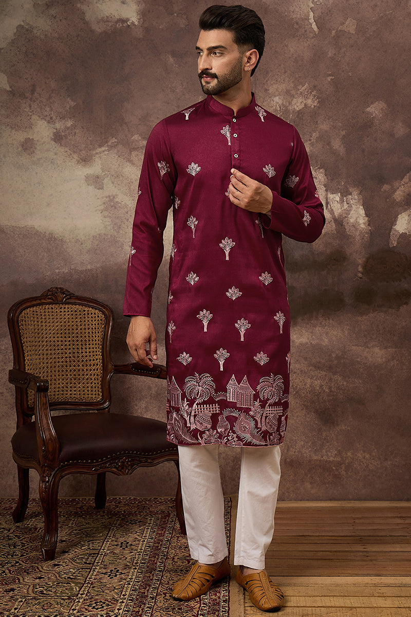 Maroon Silk Blend Solid Embroidered Straight Kurta and Trouser | SHOBITAM
