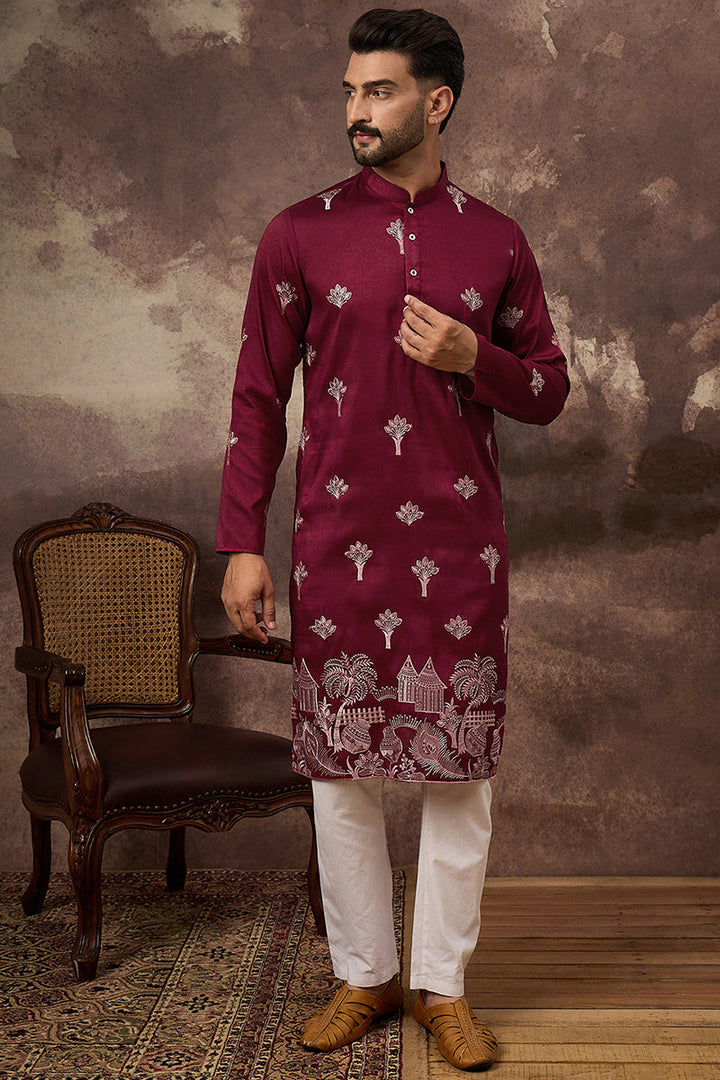 Maroon Silk Blend Solid Embroidered Straight Kurta and Trouser | SHOBITAM
