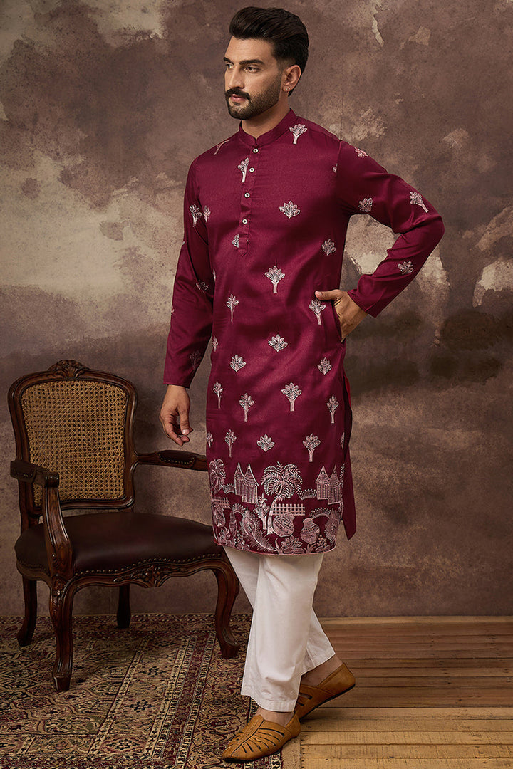 Maroon Silk Blend Solid Embroidered Straight Kurta and Trouser | SHOBITAM