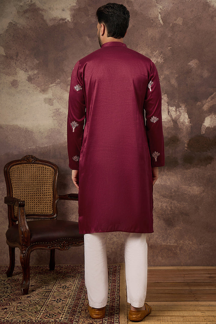 Maroon Silk Blend Solid Embroidered Straight Kurta and Trouser | SHOBITAM