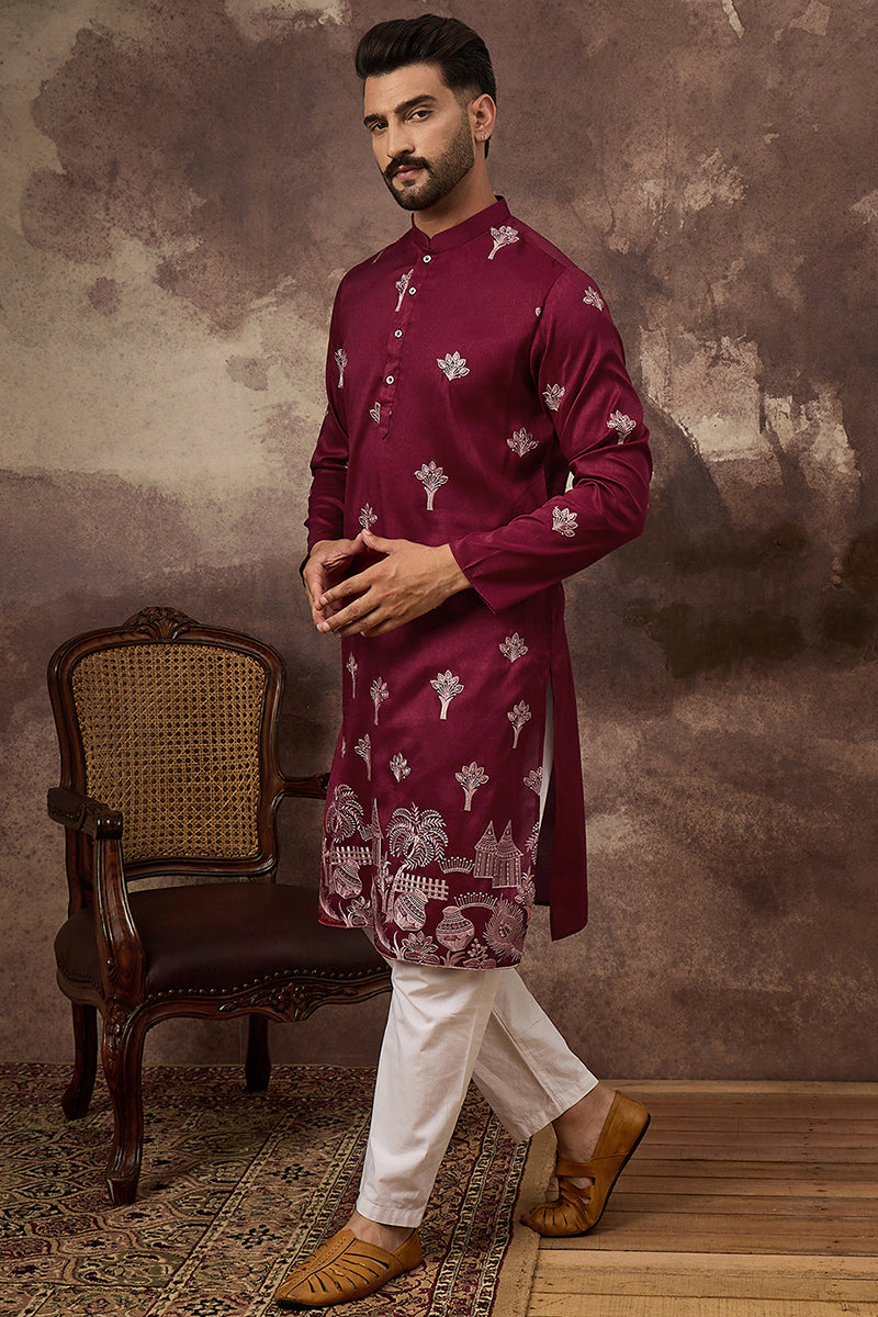 Maroon Silk Blend Solid Embroidered Straight Kurta and Trouser | SHOBITAM