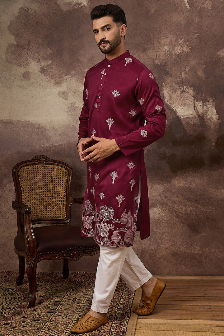 Maroon Silk Blend Solid Embroidered Straight Kurta and Trouser | SHOBITAM