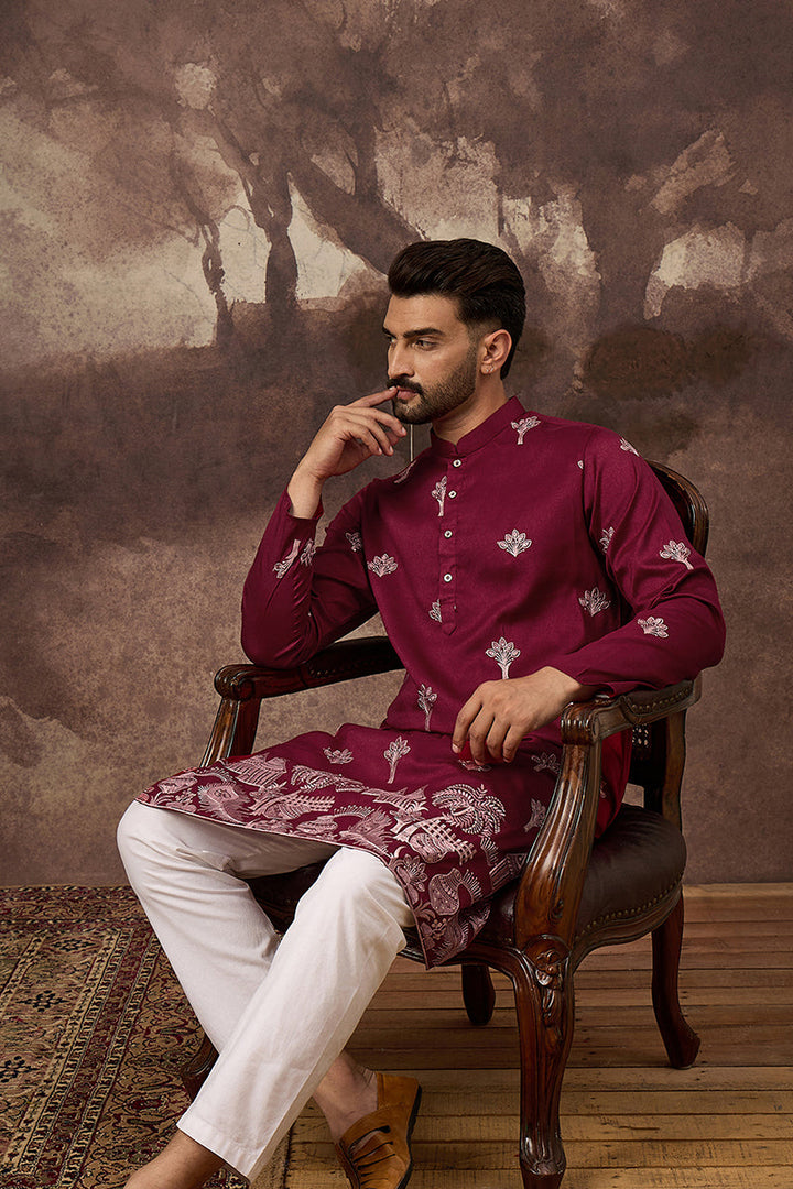 Maroon Silk Blend Solid Embroidered Straight Kurta and Trouser | SHOBITAM