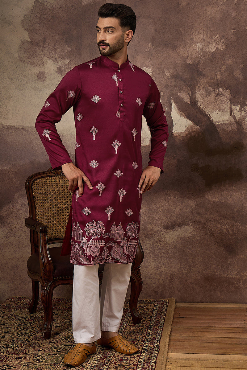 Maroon Silk Blend Solid Embroidered Straight Kurta and Trouser | SHOBITAM