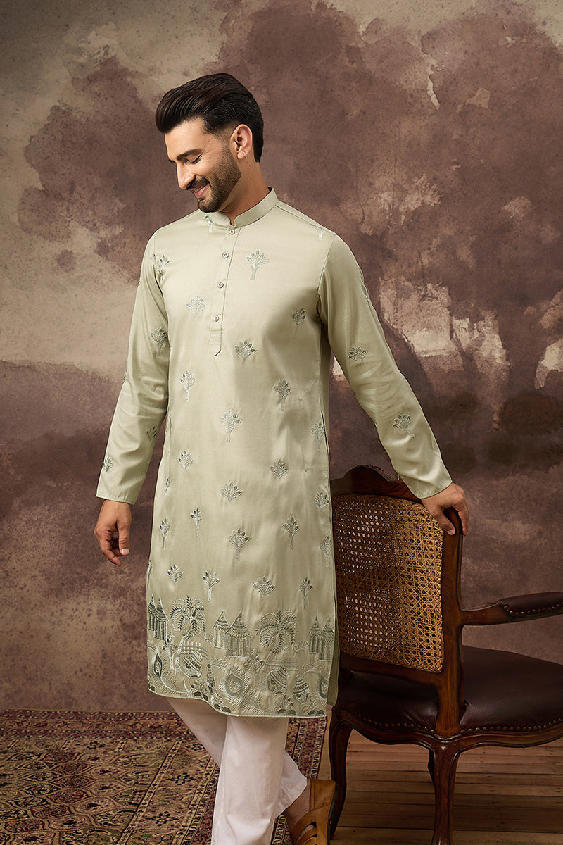 Green Silk Blend Solid Embroidered Straight Kurta and Trouser | SHOBITAM