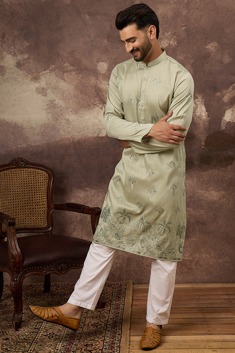 Green Silk Blend Solid Embroidered Straight Kurta and Trouser | SHOBITAM