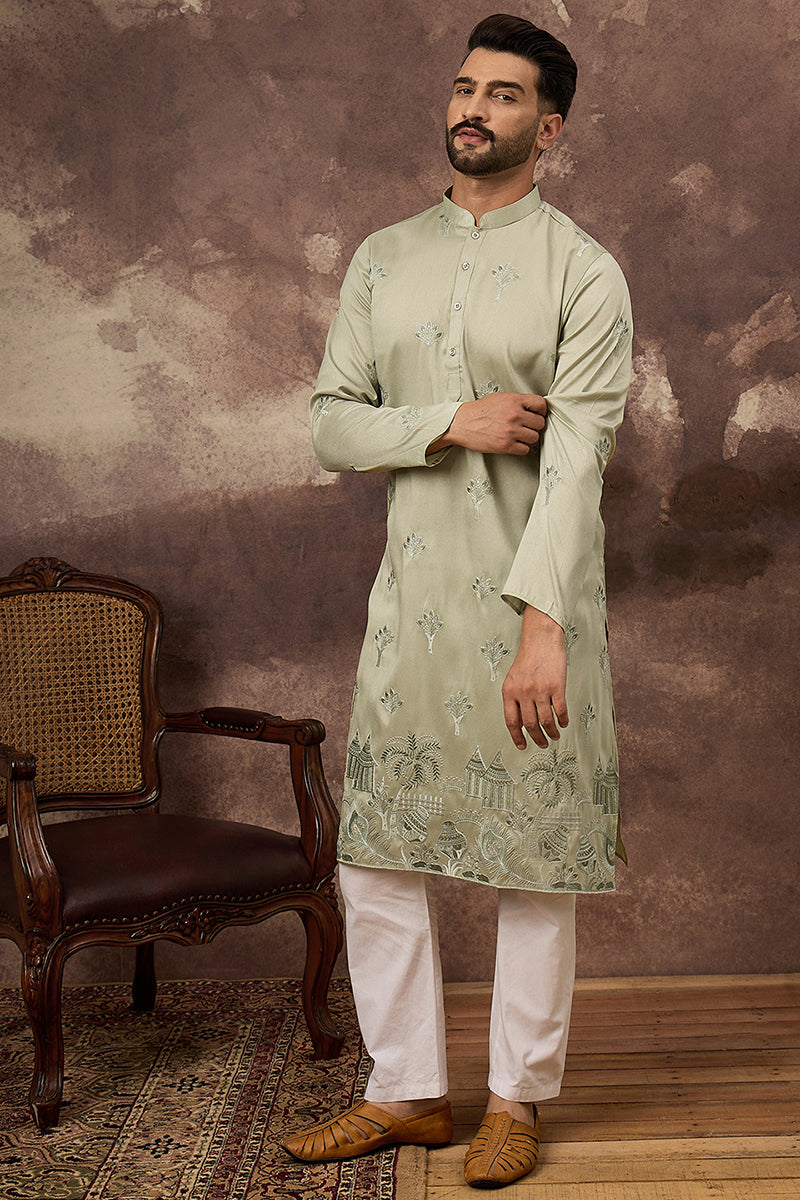 Green Silk Blend Solid Embroidered Straight Kurta and Trouser | SHOBITAM