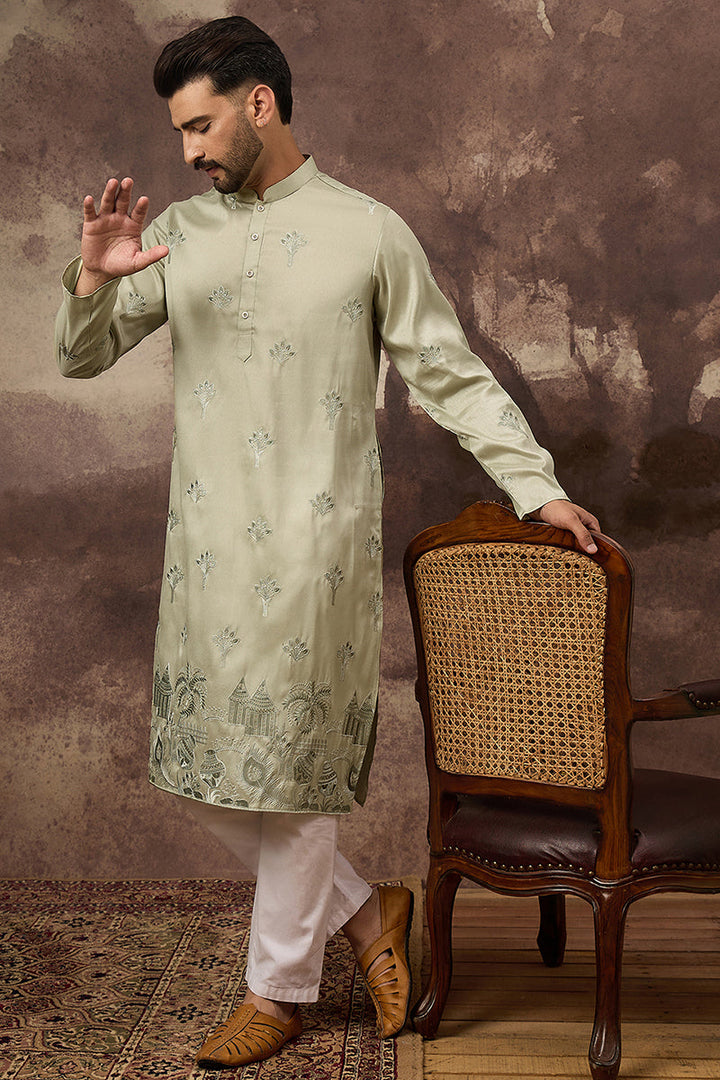 Green Silk Blend Solid Embroidered Straight Kurta and Trouser | SHOBITAM