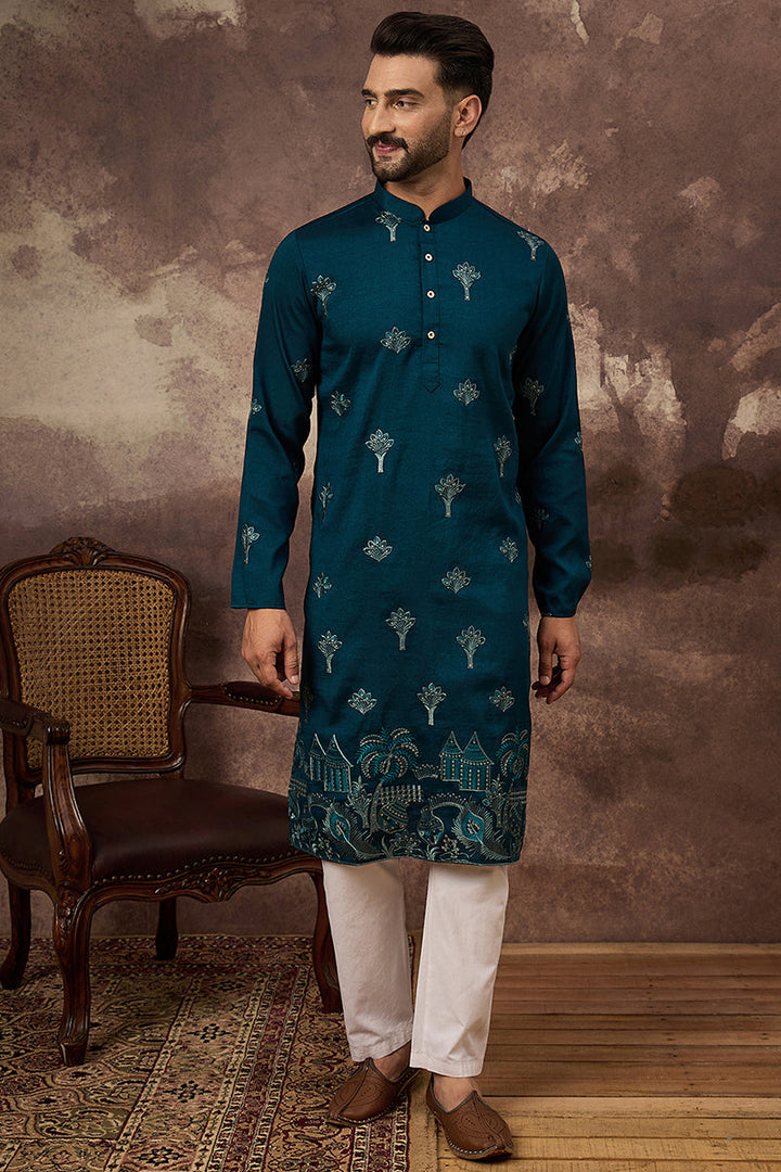 Blue Silk Blend Solid Embroidered Straight Kurta and Trouser | SHOBITAM