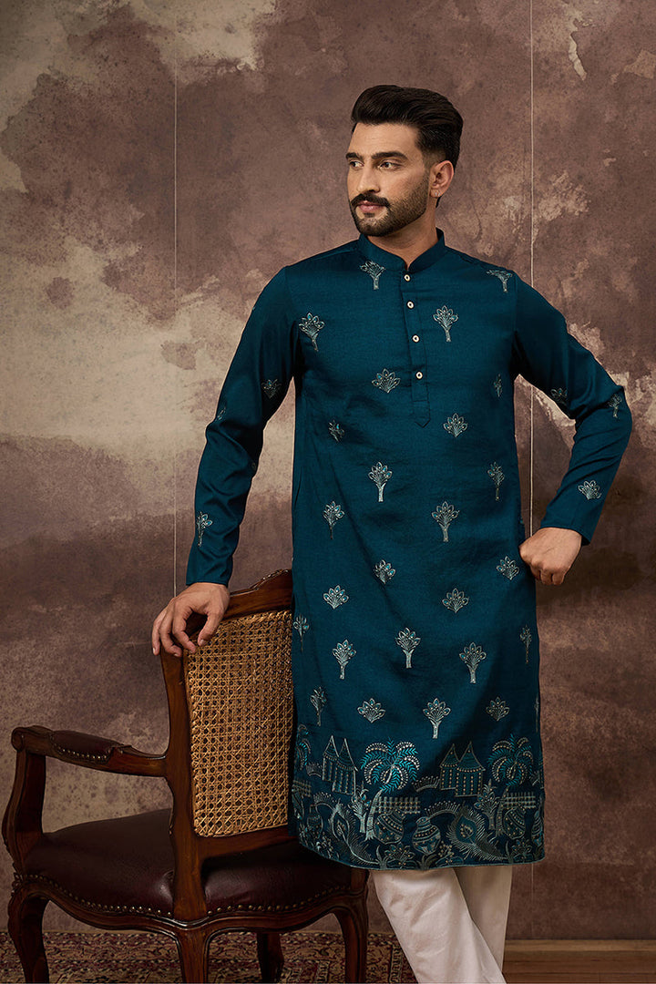 Blue Silk Blend Solid Embroidered Straight Kurta and Trouser | SHOBITAM