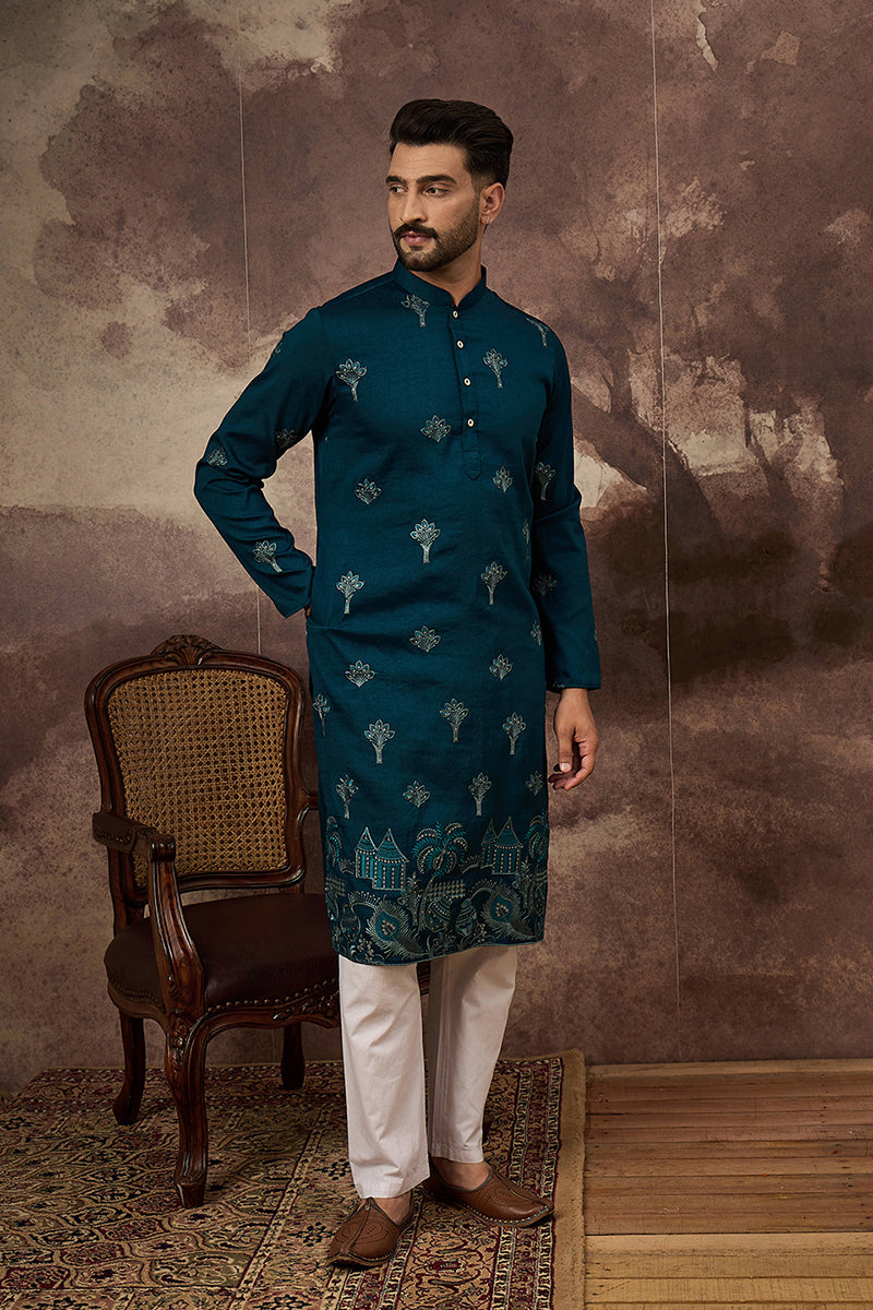 Blue Silk Blend Solid Embroidered Straight Kurta and Trouser | SHOBITAM