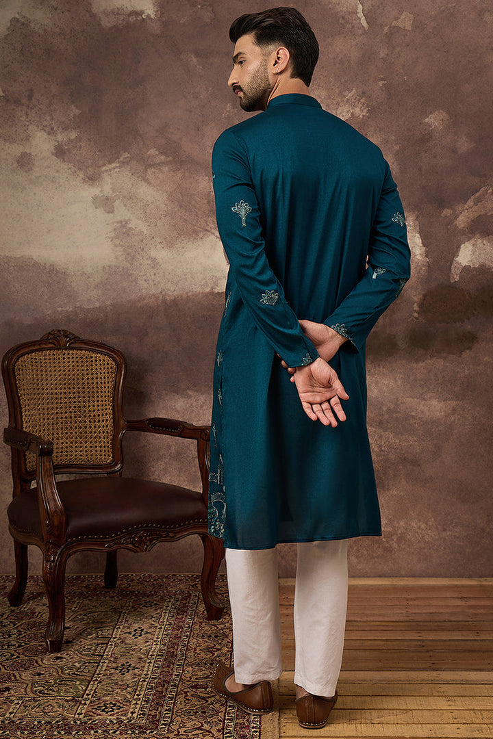 Blue Silk Blend Solid Embroidered Straight Kurta and Trouser | SHOBITAM