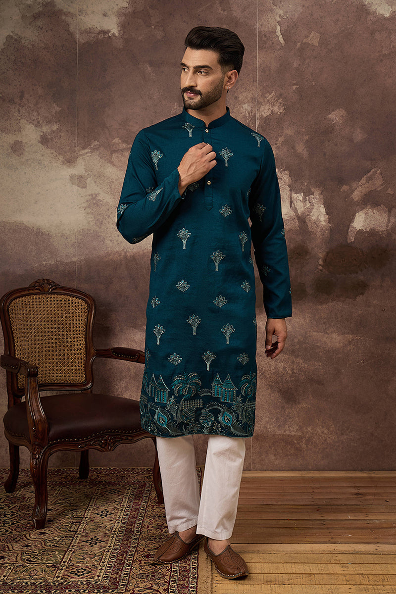 Blue Silk Blend Solid Embroidered Straight Kurta and Trouser | SHOBITAM