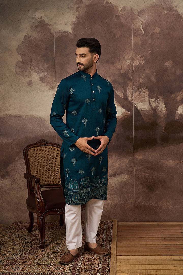 Blue Silk Blend Solid Embroidered Straight Kurta and Trouser | SHOBITAM