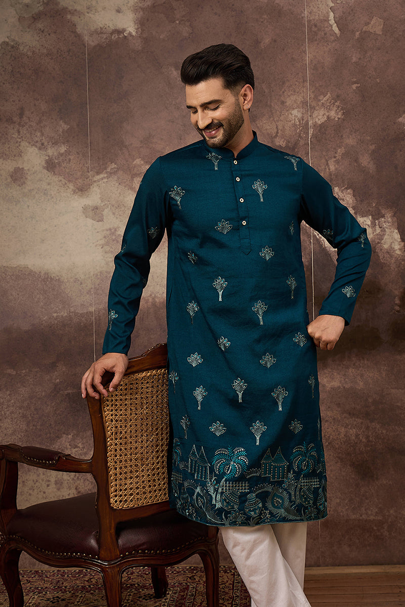 Blue Silk Blend Solid Embroidered Straight Kurta and Trouser | SHOBITAM