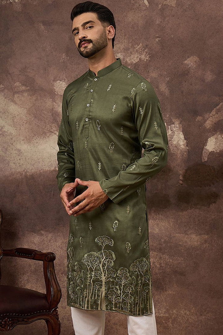 Green Silk Blend Solid Embroidered Straight Kurta and Trouser | SHOBITAM