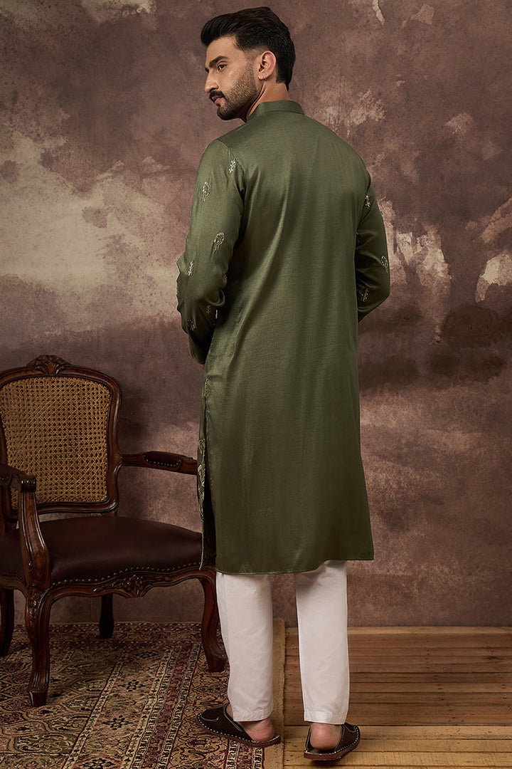 Green Silk Blend Solid Embroidered Straight Kurta and Trouser | SHOBITAM
