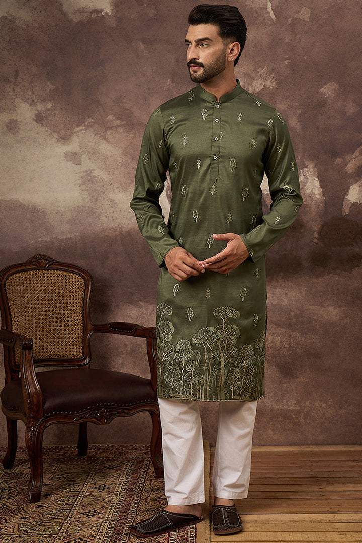 Green Silk Blend Solid Embroidered Straight Kurta and Trouser | SHOBITAM